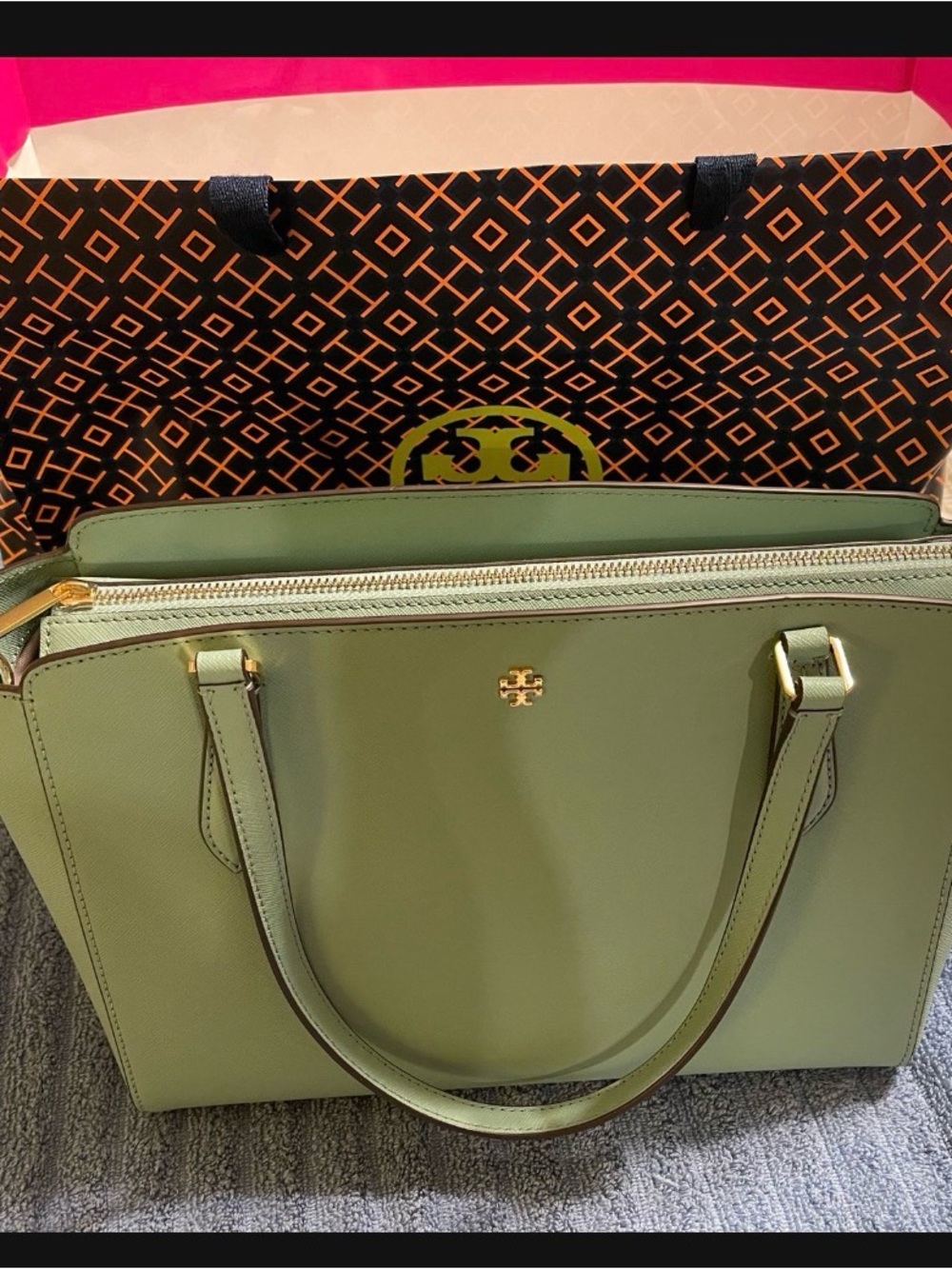 Tory Burch Olive Saffiano Leather Tote with Gold Hardware